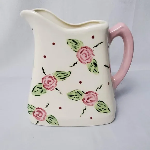 Hand Painted Ceramic Rose Square Pitcher Vase - Picture 3 of 7